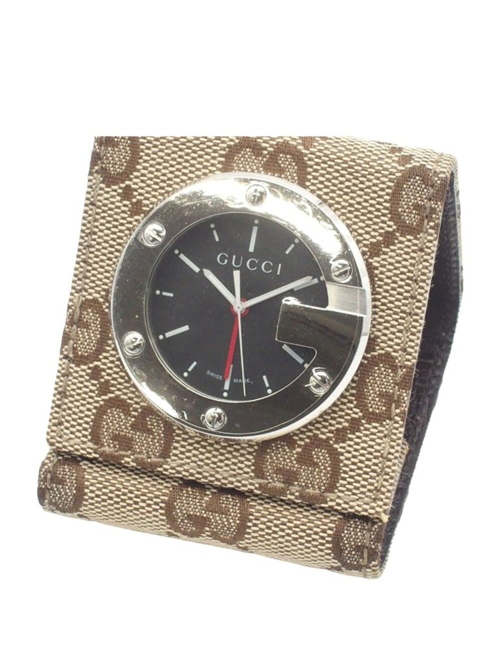 Gucci Travel Lock Table Clock Black Stainless Steel GG Canvas Box Quartz Watch